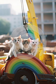 Three kittens sitting on top of a toy truck. Generative AI image.