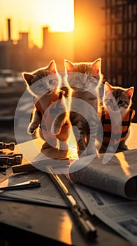 Three kittens sitting on top of a wooden table. Generative AI image.