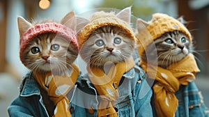 Three kittens wearing hats and scarves are standing next to each other, AI