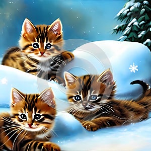 Three kitties playing in the snow - AI generated art