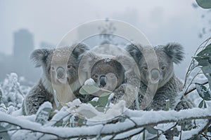 Three koalas perched in snow-covered tree branches. Climate change