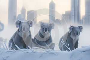 Three koalas are sitting in the snow with a city skyline in the background. Climate change