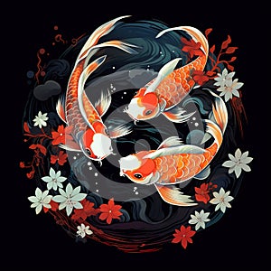 Three koi fish art on a black background. Fish. Pet. Animals.