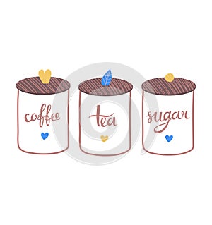 Three labeled kitchen containers for coffee, tea, sugar with hearts. Pastel-colored canisters set with wooden lids and