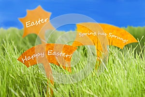 Three Labels With Happy Easter And Blue Sky