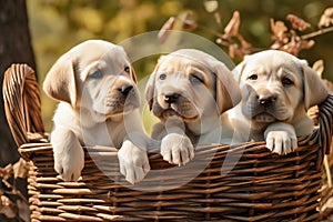 Three labrador puppies in a basket