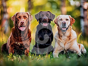 Three labrador retrievers sitting in the grass
