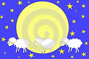 Three lambs walking behind each other with a full moon