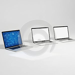 Three laptops isolated on white background