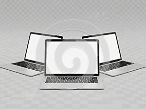 Three laptops isolated on white background isolated on white background