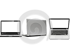 Three laptops isolated on white background