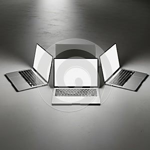 Three laptops in a triangle formation