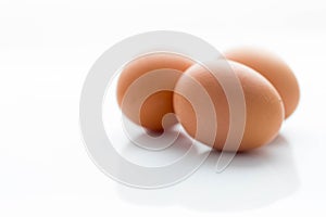 Three large brown chicken eggs on a white background with reflection.