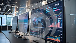 Three Large Monitors Displaying Data Graphs Charts World Map