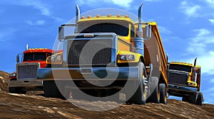 Three large semi trucks are currently parked on top of a dirt hill photo