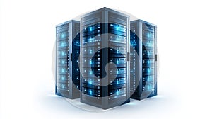 Three large server racks with glowing blue lights, symbolizing data storage and processing