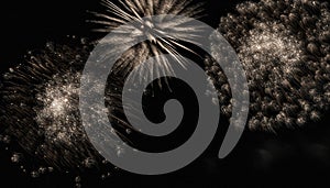 Three large white fireworks explode and move in the wind