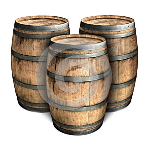 Three large wooden barrels on a white background