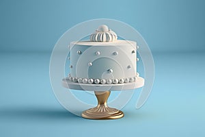 a three layer cake on a gold stand on a blue background with a blue backdrop and a white frosted cake with white polka dots
