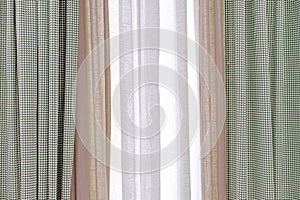 Three-layer curtains in beige, white linen fabric and goose foot fabric