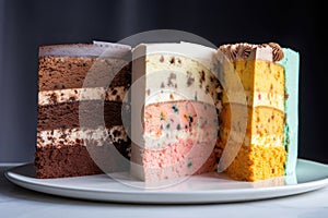 three-layered cake, with different flavors and frosting techniques on each layer