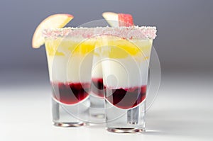 Three layered shot drink based on liqueur, cream and apple peach juice, decorated with colored sugar and a slice of apple