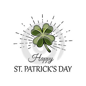 Three leaf green clover leaf in beams, an attribute to St. Patrick s day. Vector illustration.