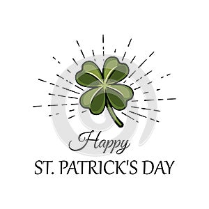 Three leaf green clover leaf in beams, an attribute to St. Patrick s day. Vector illustration. photo