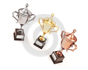 Three League Cup on white background. Gold, silver and bronze cu