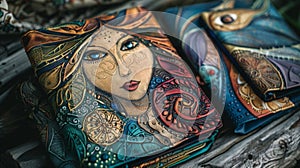 Three leather wallets featuring painted woman& x27;s faces