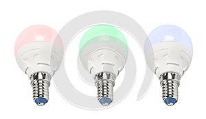 Three LED light bulb isolated on white background. Energy super saving electric lamp