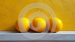 Three lemons are sitting on a ledge in front of yellow wall, AI