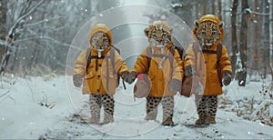 Three leopard cubs in yellow coats walking down a snowy path, AI