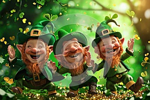 three leprechauns are standing next to each other in a forest