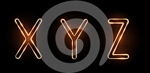 Three letters XYZ drawn with a fiery line with sparks on a dark background. Very realistic illustration photo