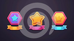 Three levels of game levels with trophies and awards. Cartoon graphical set with 3 stars rating, bronze, silver, and