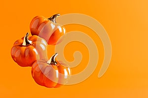 Three levitating ceramic pumpkins on orange background with copy space. Horizontal Halloween banner