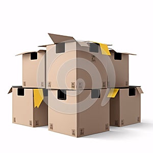 three levitating closed cardboard boxes on a white background.