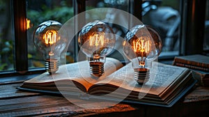 Three Light Bulbs on an Open Book
