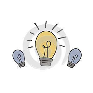 Three light bulbs. Vector drawing in the style of doodle. The light bulb shines