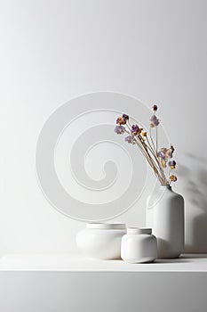 Three Light white vases with dried flowers casting shadows on the wall