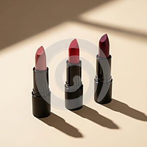 Three lipsticks isolated on white background