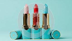 Three lipsticks in pink, red, and blue, isolated on white background