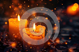 Three lit candles casting warm glow on table surface