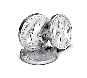 Three Litecoin LTC physical concept coins separated on white background.