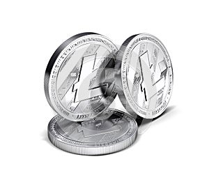 Three Litecoin LTC physical concept coins separated on white background. photo