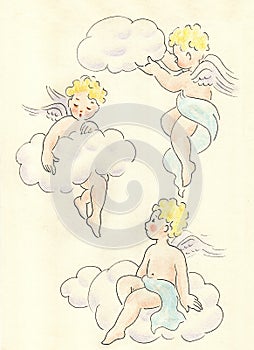 Three little angels play with the clouds