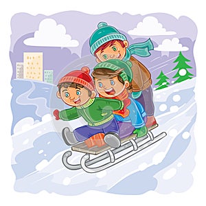 Three little boys roll together on sled from a hill