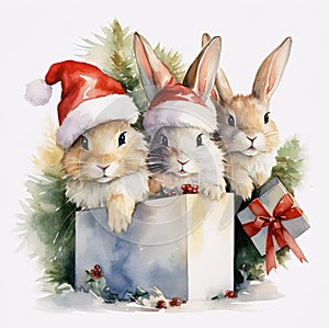 three little bunnies with a box, bow, Santa Claus hat, Christmas trees,