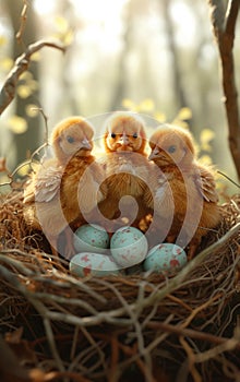 Three little chickens and easter eggs in the nest